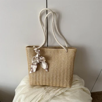 Женская плетеная из соломы сумка-тоут, простая повседневная сумка, повседневная 2023, Новая тенденция для покупок, праздничная сумка на плечо для дам, сумочка