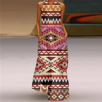 Женское летнее Макси-свободное платье без рукавов с V-образным вырезом и принтом, пляжный длинный сарафан в стиле бохо с карманами