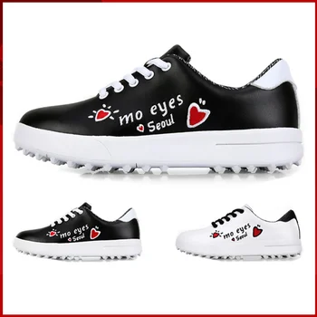 Маленькие женские детские туфли для гольфа 30-36 размера Без шипов, водонепроницаемые спортивные ботинки, прогулочная обувь с милым рисунком в виде любви
