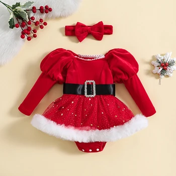 Рождественская одежда для младенцев, комбинезон для девочек, комбинезон с длинными рукавами и принтом в виде пайеток, повязка на голову, хлопчатобумажная одежда для новорожденных, одежда