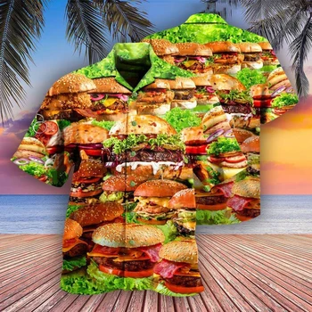 2023 Мужская Одежда Мужские Рубашки Binge Hamburger Забавные Хип-Хоп Пляжные Летние Гавайские Топы В Кубинском Стиле Оверсайз Рубашки на толстых пуговицах