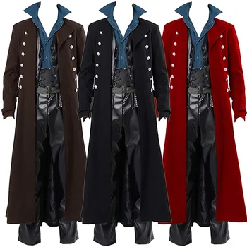 2021 Винтажные средневековые костюмы, стимпанк, готика, Черная длинная куртка, пальто, косплей вампира, пиратский наряд на Хэллоуин, мужской тренчкот